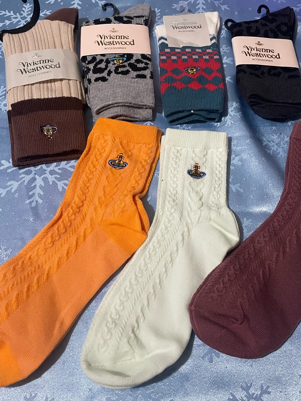 7 pairs Vivienne Westwood Cable Knit Socks in Orange, Cream & Maroon